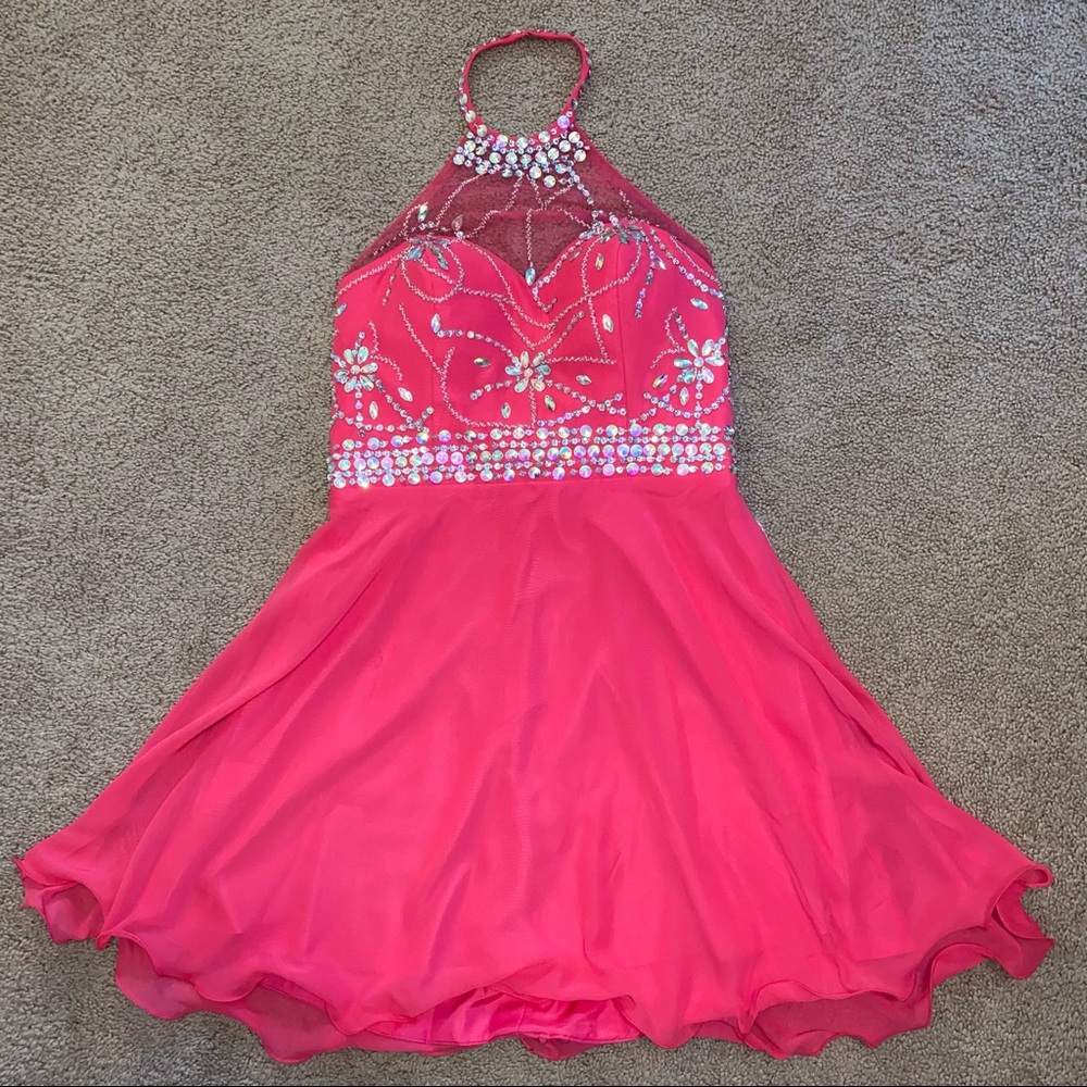 pink homecoming dress w sequins & halter neck